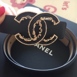New CHANEL black logo leather belt 75